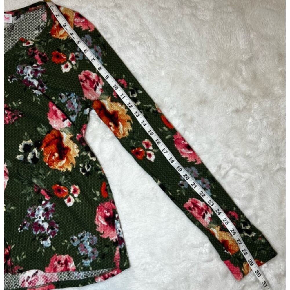 Green Pink Floral Print Waffle Knit Long Sleeve V-Neck Top Women’s Size Large - Picture 5 of 10